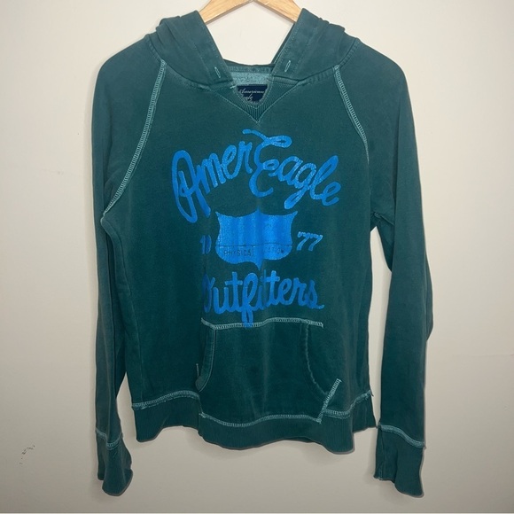 American Eagle Hooded Sweatshirt Green with Kangaroo Pocket Size Medium - Picture 7 of 8